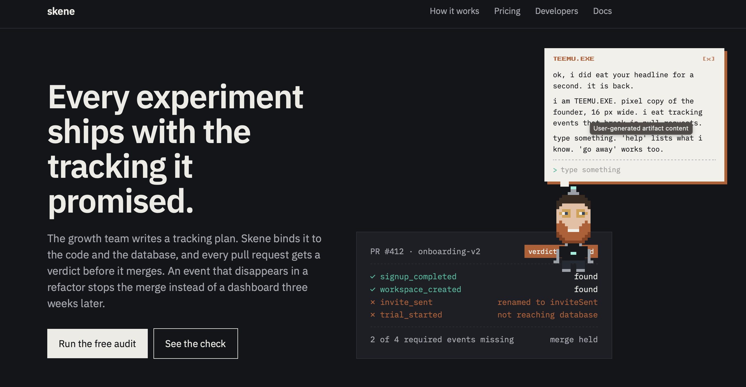 An experimental website chat UI with a pixel character and a terminal-style TEEMU.EXE speech panel.