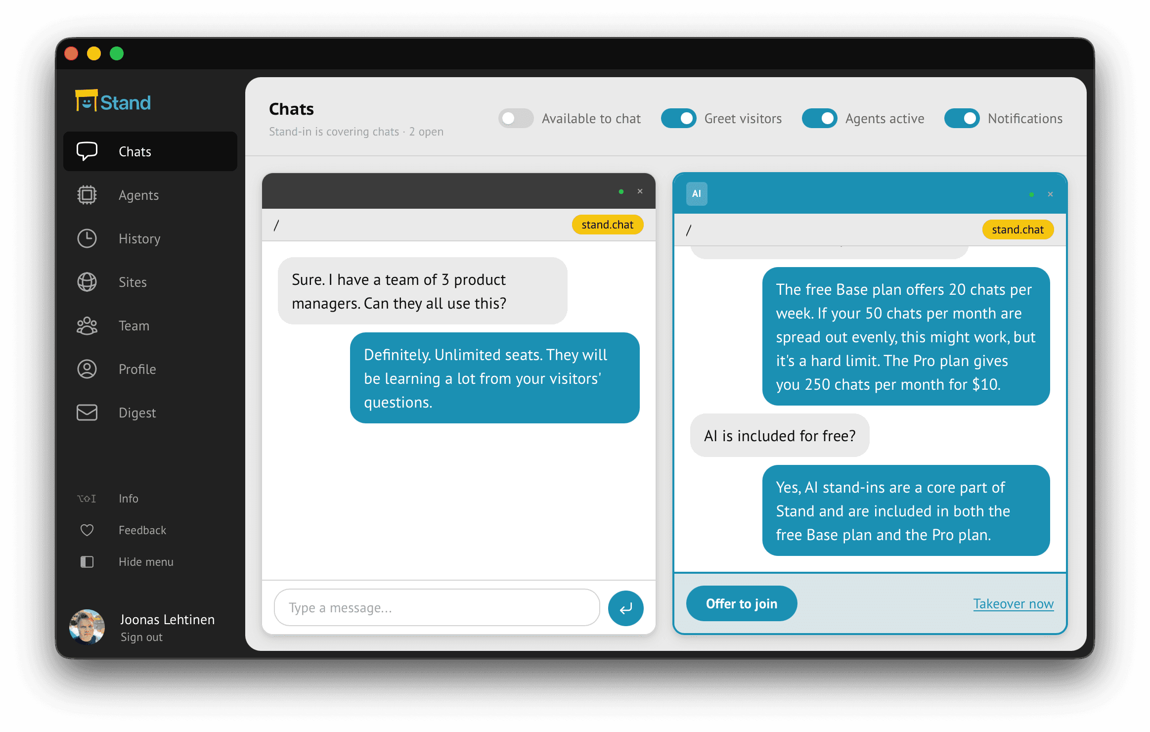 Stand rep dashboard with two live chat sessions side-by-side: an AI stand-in answering pricing questions on the left and another conversation on the right, with Take over now and Offer to join controls.
