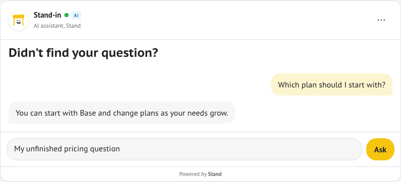 Stand chatbox inside the pricing FAQ, with a visitor question, a sample reply, and an inline message composer.