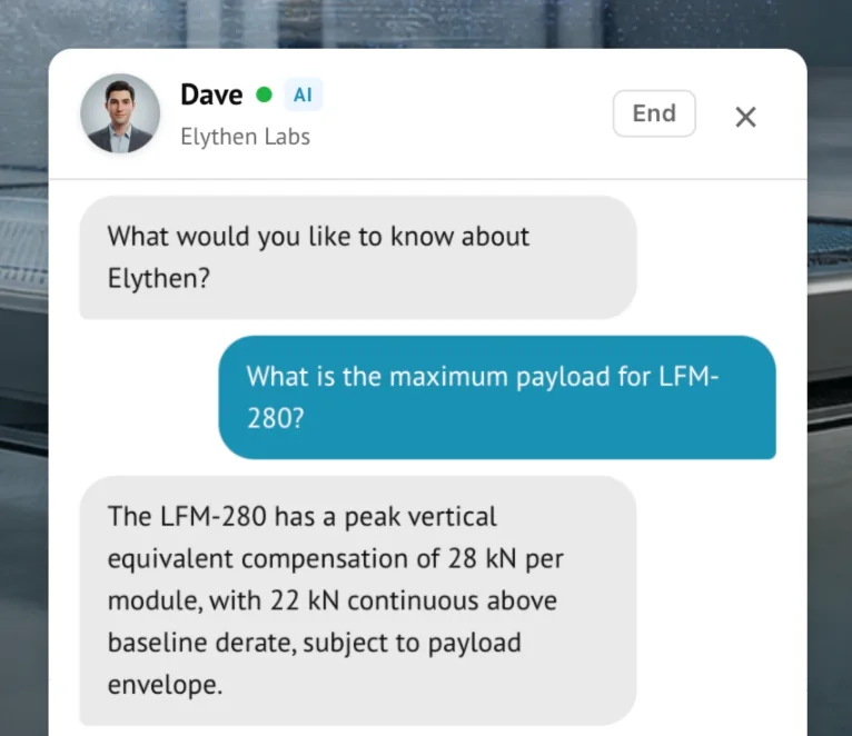 An AI Stand-in answering a visitor's technical payload question in a website chat.