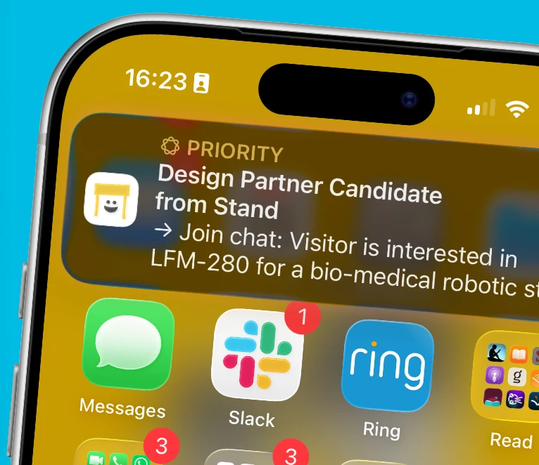 A phone notification from Stand for a label-matched visitor conversation worth joining.
