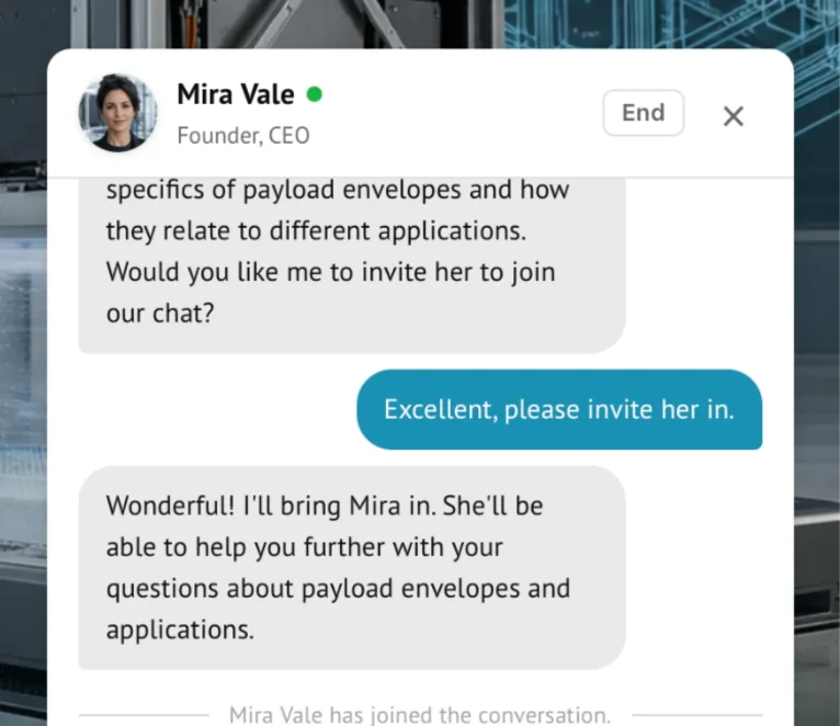 A Stand chat where the visitor agrees to invite a human expert into the conversation.