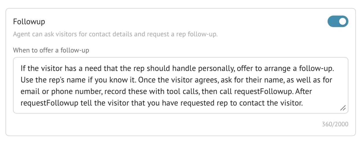 Stand Followup settings showing instructions for when the agent should offer a rep follow-up and collect contact details.