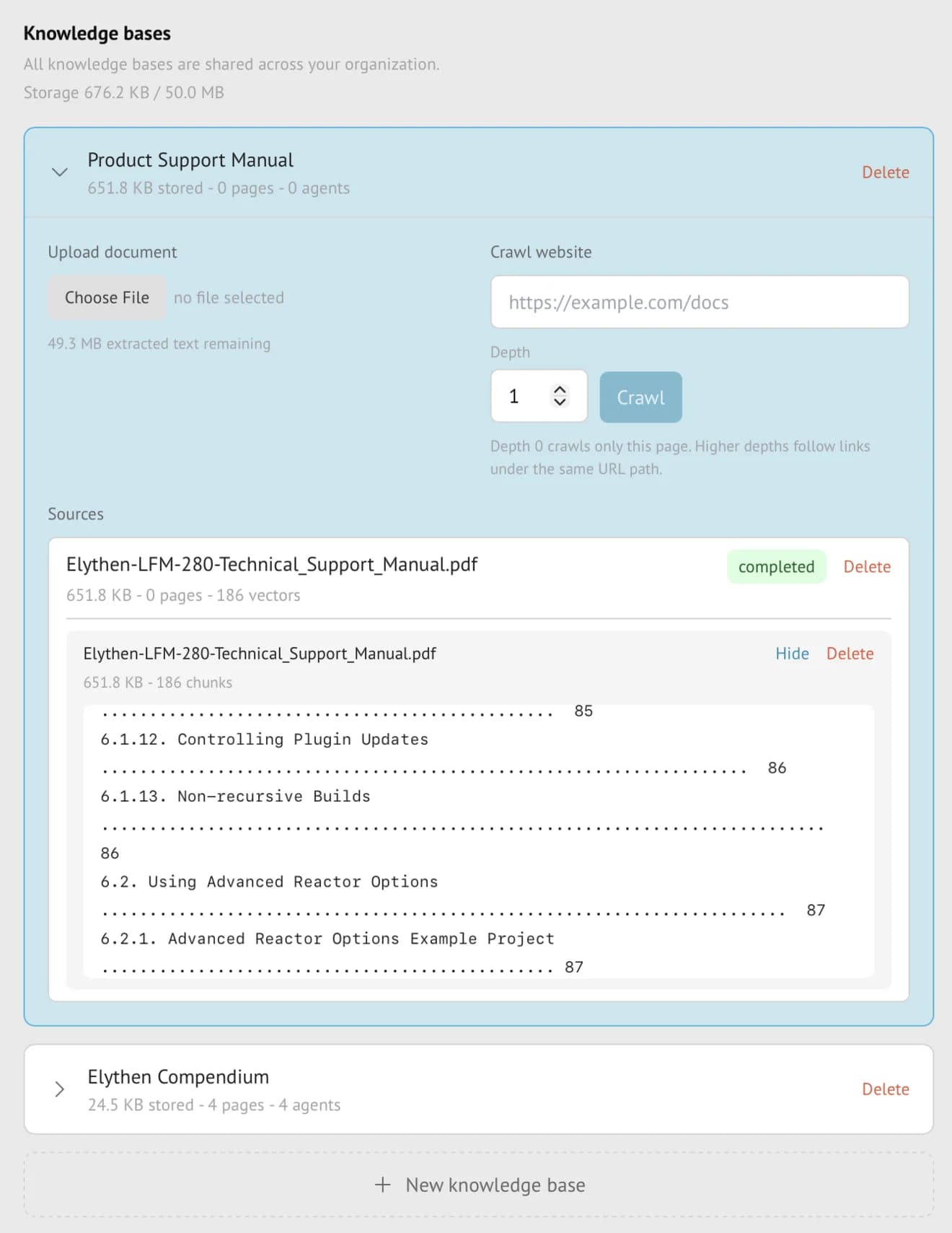 Stand Knowledge bases screen with shared organization knowledge bases, document upload, website crawl, source status, and extracted text preview.