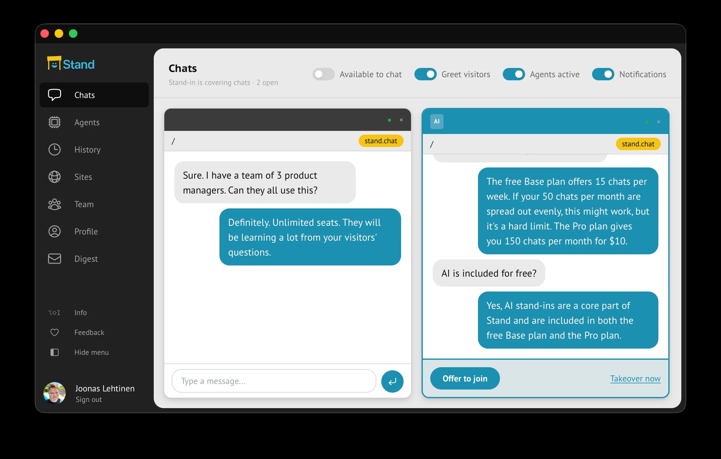 Stand rep dashboard with two live chat sessions side-by-side: an AI stand-in answering pricing questions on the left and another conversation on the right, with Take over now and Offer to join controls.