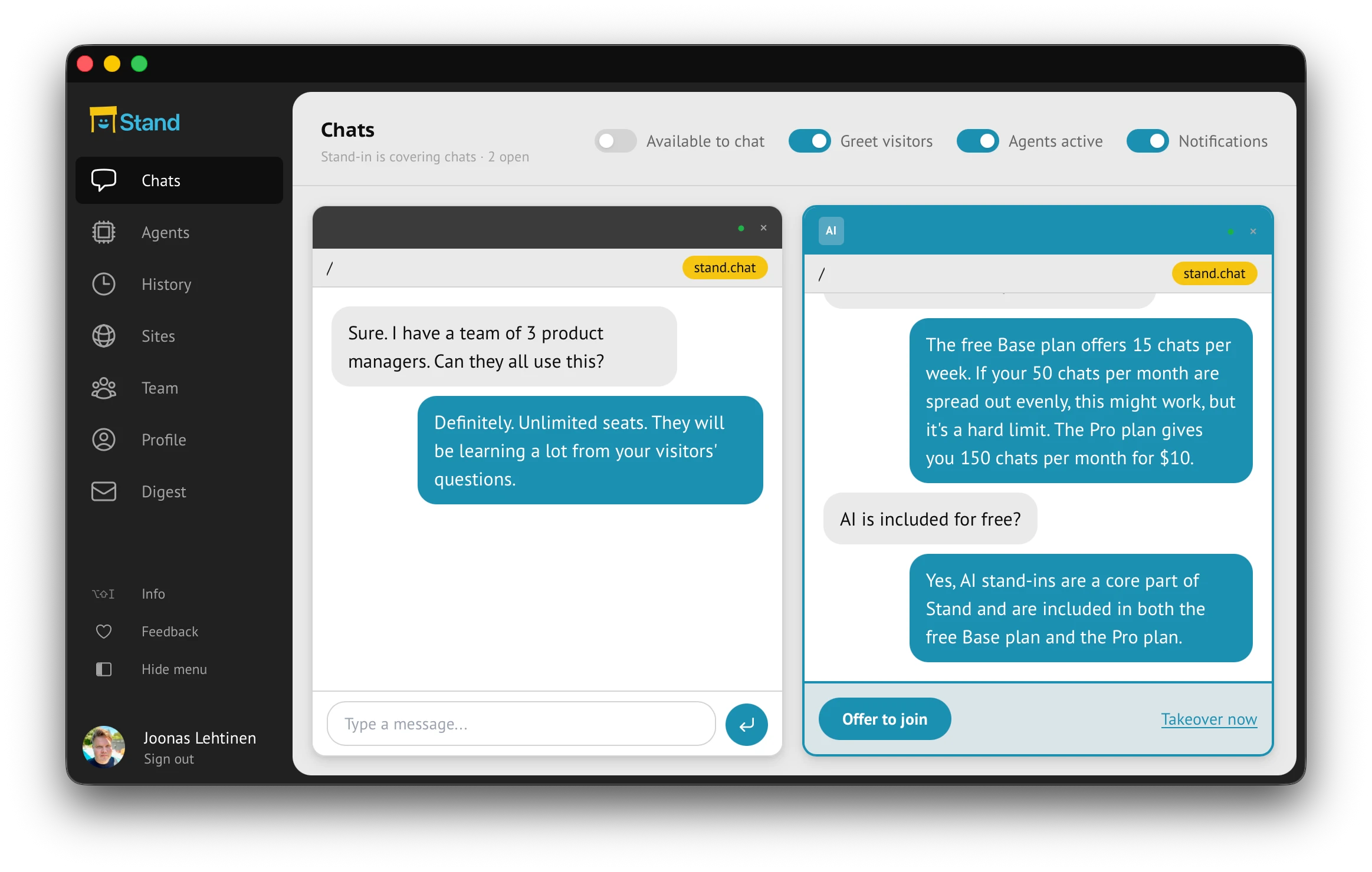 Stand rep dashboard with two live chat sessions side-by-side: an AI stand-in answering pricing questions on the left and another conversation on the right, with Take over now and Offer to join controls.